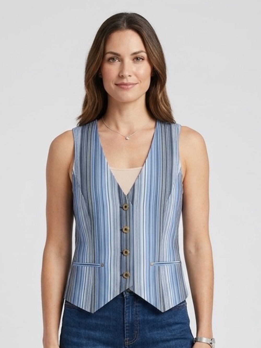 EVELYN Striped Button Front Vest 6 17.5” p2p Blue Multi EUC